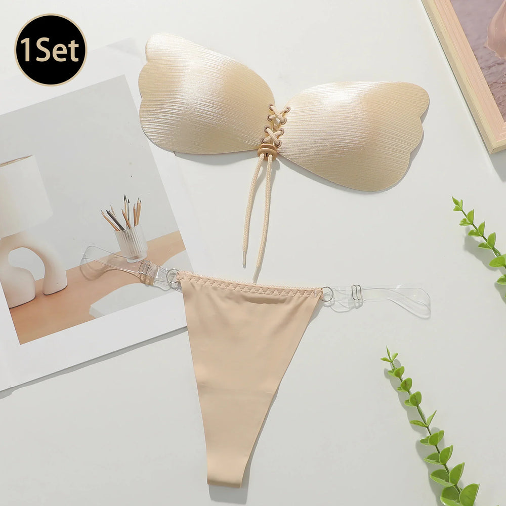 Viomisha 1 Set Women Sticky Bra And Thong Briefs Backless Strapless Bra Push Up Breathable Underwear Adhesive Invisible Lift Up Bras - Viomisha