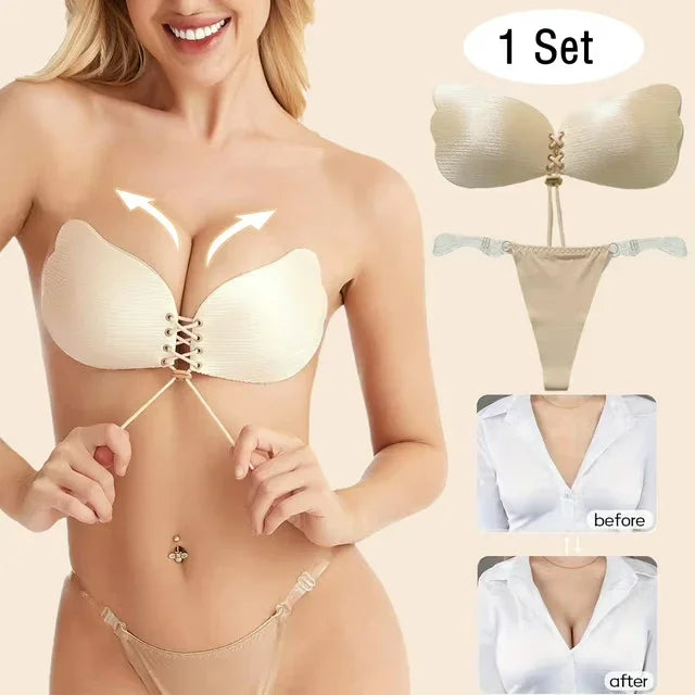 Viomisha 1 Set Women Sticky Bra And Thong Briefs Backless Strapless Bra Push Up Breathable Underwear Adhesive Invisible Lift Up Bras - Viomisha