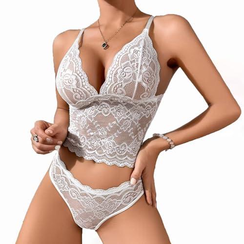 Viomisha women's lace bra and thong underwear, see through lace bra set, transparent floral lace pajama underwear set. - Viomisha