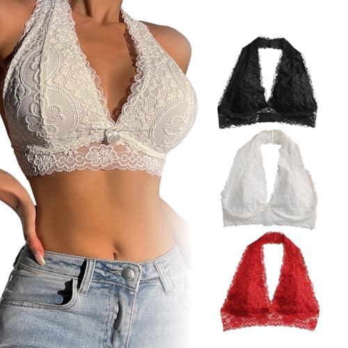 Viomisha Floral Lace Halter Bralette for Women Unpadded Wirefree Lace Bra Halter Crop Top with Hook and Eye Closure Back - Viomisha