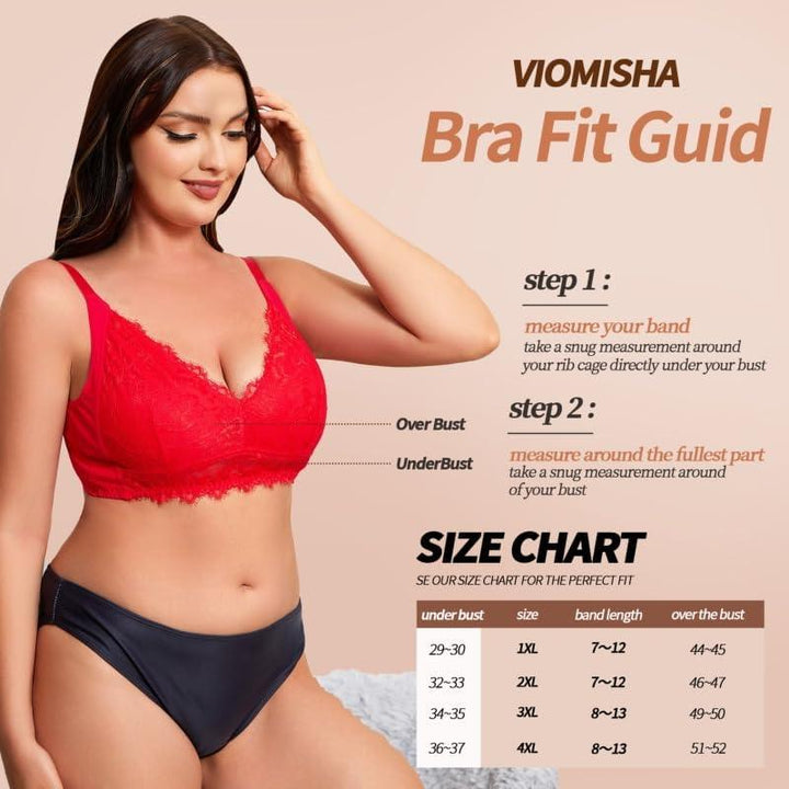 Viomisha Full Coverage Floral Lace Bra, Plus Size Non Padded Comfort Bras, Push Up Deep V Bra for Women Supportive Bralette - Viomisha