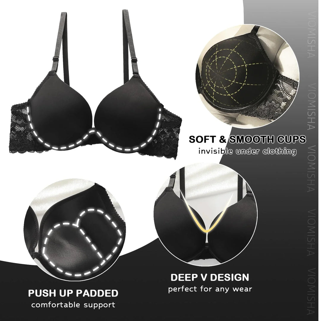 Viomisha Sexy Push Up Bra for Women Deep V Neck T-Shirt Bra with Underwire Smoothing Demi Cup Bra with Lace Straps - Viomisha