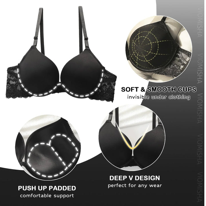 Viomisha Sexy Push Up Bra for Women Deep V Neck T-Shirt Bra with Underwire Smoothing Demi Cup Bra with Lace Straps - Viomisha