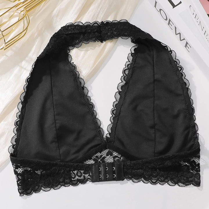 Viomisha Floral Lace Halter Bralette for Women Unpadded Wirefree Lace Bra Halter Crop Top with Hook and Eye Closure Back - Viomisha