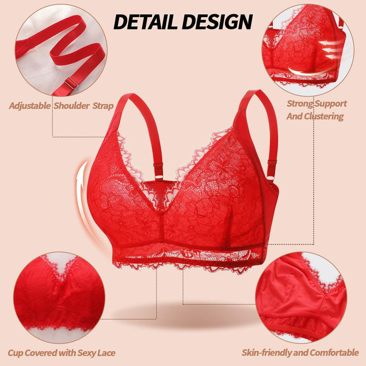 Viomisha Full Coverage Floral Lace Bra, Plus Size Non Padded Comfort Bras, Push Up Deep V Bra for Women Supportive Bralette - Viomisha