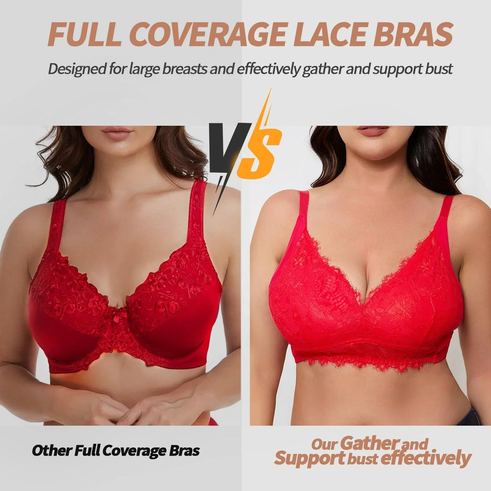 Viomisha Full Coverage Floral Lace Bra, Plus Size Non Padded Comfort Bras, Push Up Deep V Bra for Women Supportive Bralette - Viomisha
