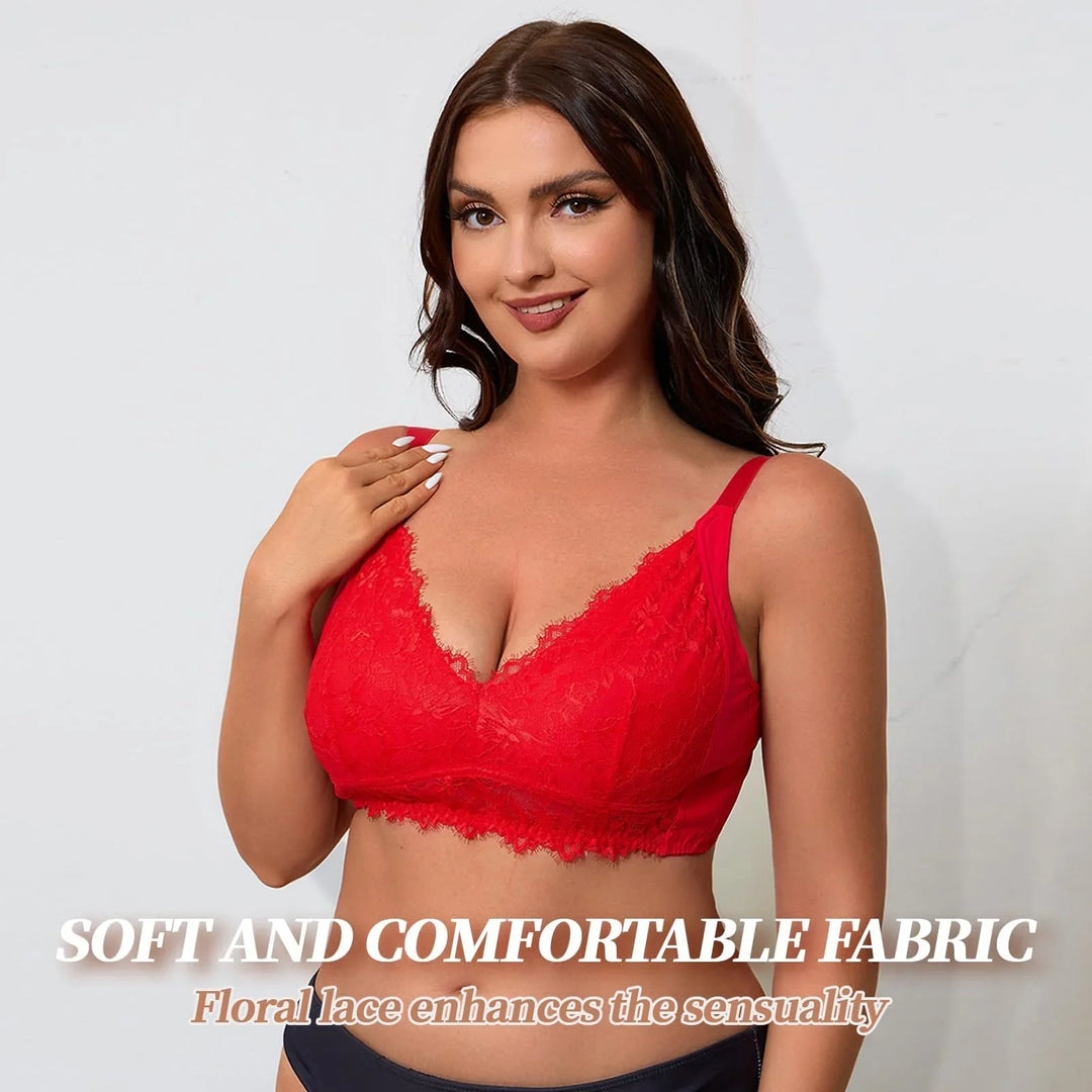 Viomisha Full Coverage Floral Lace Bra, Plus Size Non Padded Comfort Bras, Push Up Deep V Bra for Women Supportive Bralette - Viomisha
