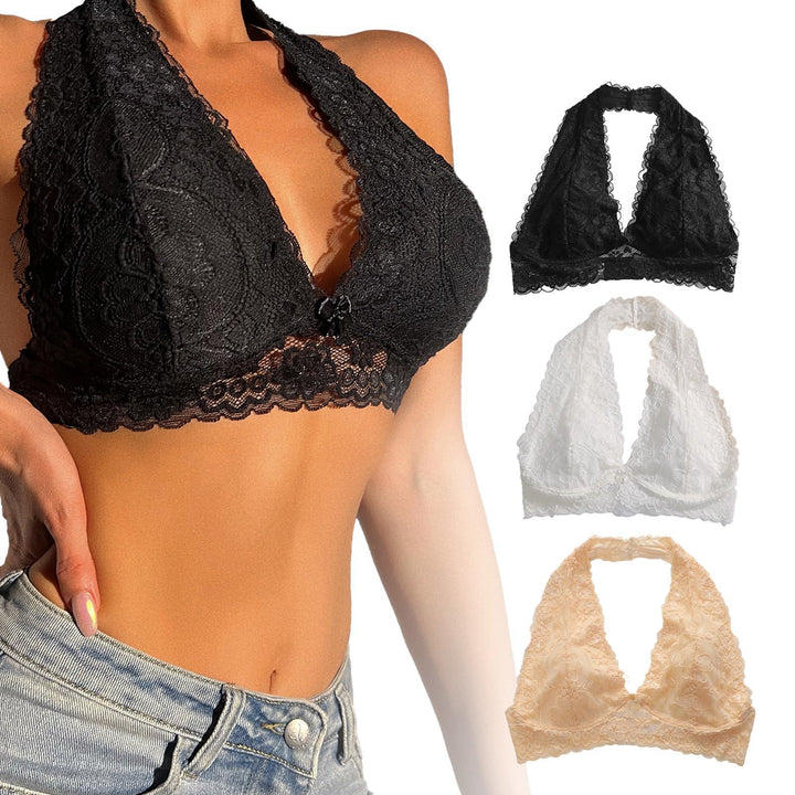 Viomisha Floral Lace Halter Bralette for Women Unpadded Wirefree Lace Bra Halter Crop Top with Hook and Eye Closure Back - Viomisha