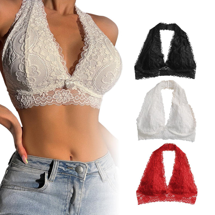 Viomisha Floral Lace Halter Bralette for Women Unpadded Wirefree Lace Bra Halter Crop Top with Hook and Eye Closure Back - Viomisha