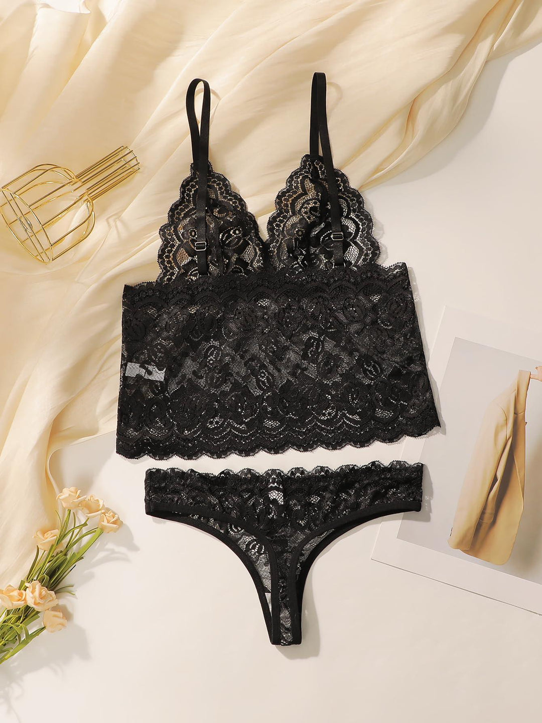 Viomisha women's lace bra and thong underwear, see through lace bra set, transparent floral lace pajama underwear set. - Viomisha