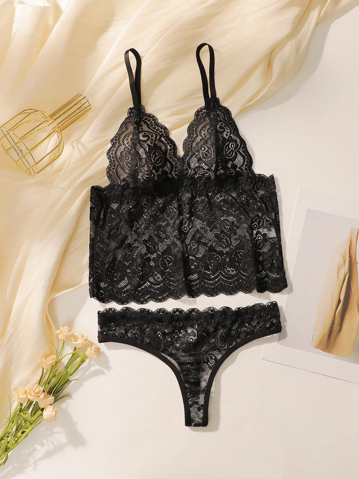 Viomisha women's lace bra and thong underwear, see through lace bra set, transparent floral lace pajama underwear set. - Viomisha