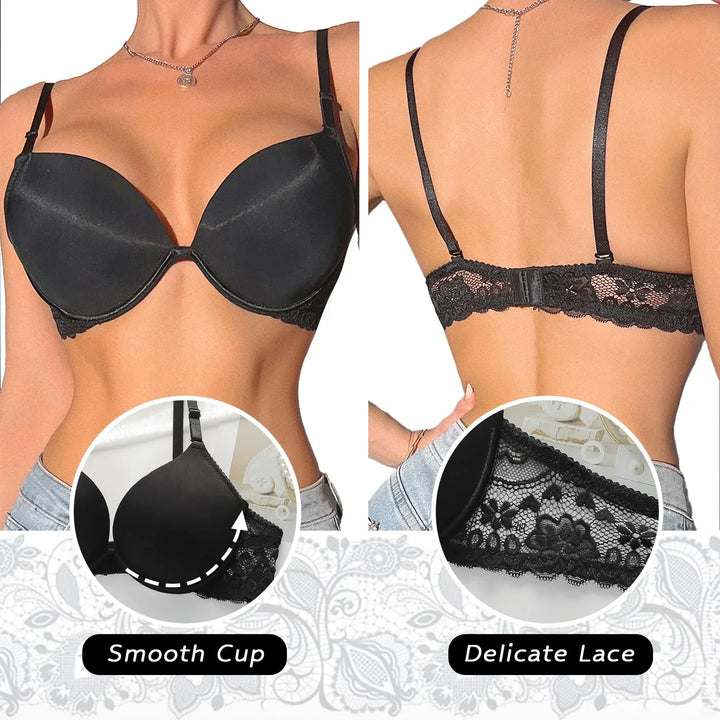 Viomisha Sexy Push Up Bra for Women Deep V Neck T-Shirt Bra with Underwire Smoothing Demi Cup Bra with Lace Straps - Viomisha