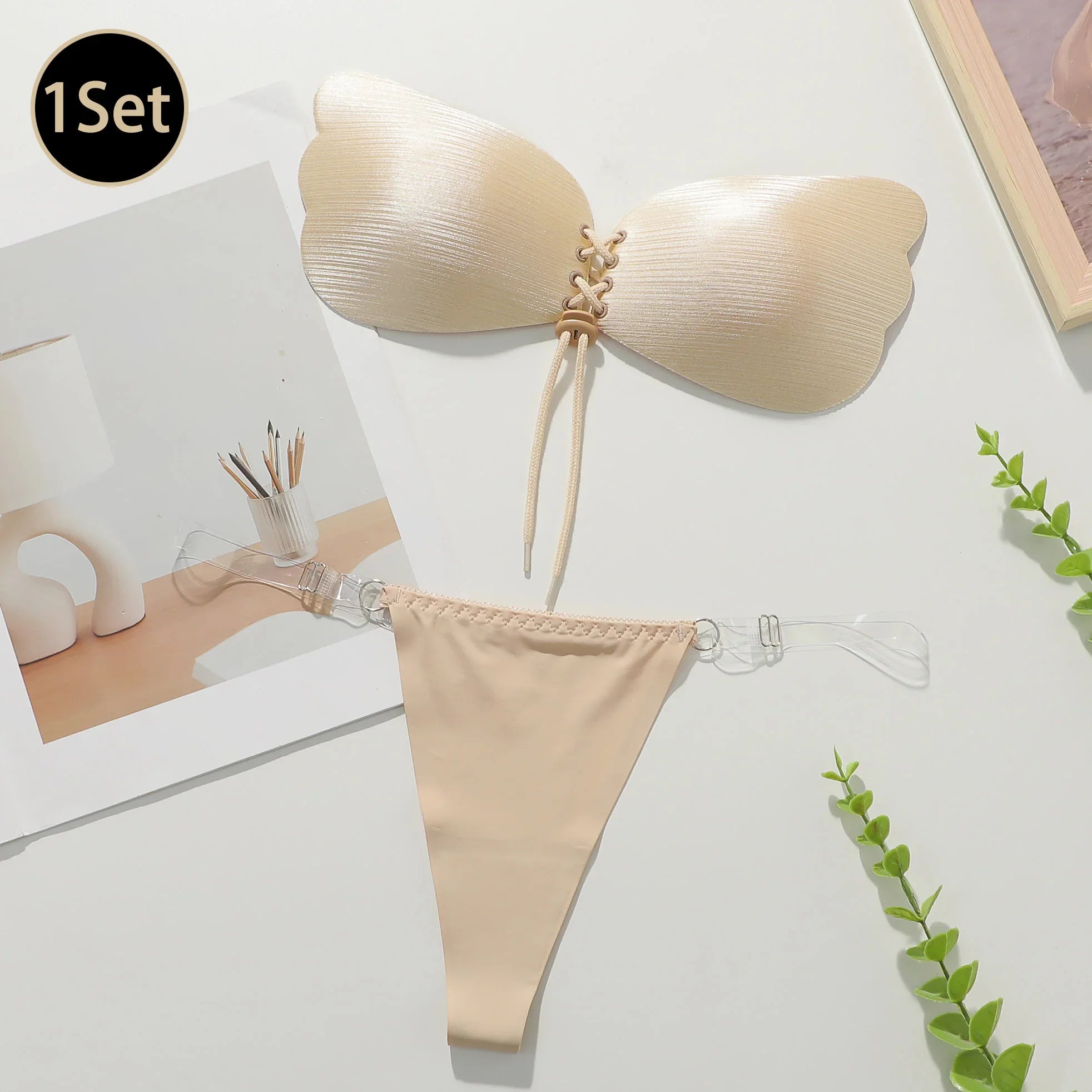 Viomisha 1 Set Women Sticky Bra And Thong Briefs Backless Strapless Bra Push Up Breathable Underwear Adhesive Invisible Lift Up Bras - Viomisha
